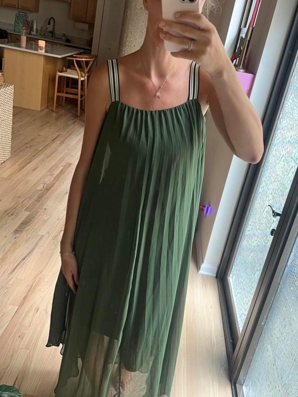 Green Pleated Maxi Dress with Striped Straps